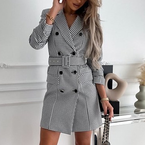 

Women's Blazer Dress Sheath Dress Green Black khaki Long Sleeve Houndstooth Button Winter Fall Shirt Collar Winter Dress Fall Dress Loose Fit 2022 S M L XL 2XL