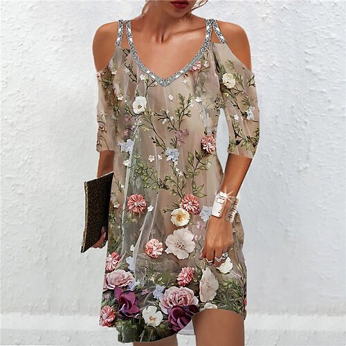 

Women's Casual Dress A Line Dress Short Mini Dress Gray 3/4 Length Sleeve Floral Sequins Cold Shoulder Print Spring Summer Spaghetti Strap Casual Fashion 2022 S M L XL XXL 3XL