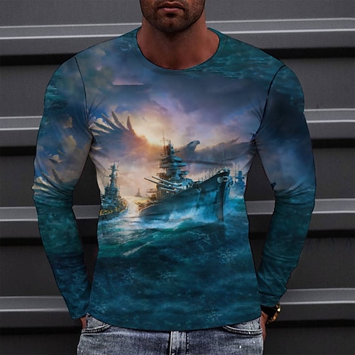 

Men's T shirt Tee Tee Graphic Round Neck Blue Long Sleeve 3D Print Casual Daily Print Tops Fashion Designer Comfortable Big and Tall