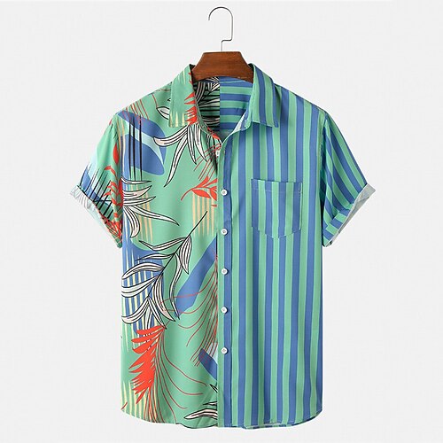 

Men's Shirt 3D Print Floral Striped Turndown Street Casual Button-Down Print Short Sleeves Tops Designer Casual Fashion Breathable Green / Summer