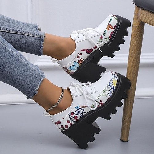 

Women's Boots Daily Combat Boots Height Increasing Shoes Booties Ankle Boots Embroidery Flower Sculptural Heel Square Toe Vintage PU Leather Lace-up Embroidered Black White