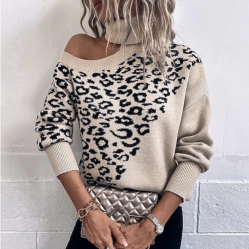 

Women's Jumper Crochet Knit Knitted Cold Shoulder Leopard Turtleneck Stylish Casual Outdoor Daily Winter Fall Pink Army Green S M L / Long Sleeve / Sweater / Regular Fit / Going out