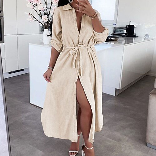 

Women's Shirt Dress A Line Dress Midi Dress Green White Black Khaki Light Blue Long Sleeve Pure Color Lace up Button Fall Winter Shirt Collar Casual Mature 2022 S M L XL XXL / Casual Dress
