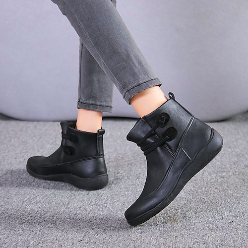 

Women's Boots Outdoor Office Work Plus Size Booties Ankle Boots Winter Buckle Flat Heel Round Toe Vintage Casual Minimalism Walking Shoes PU Leather Loafer Solid Colored Black Blue Red