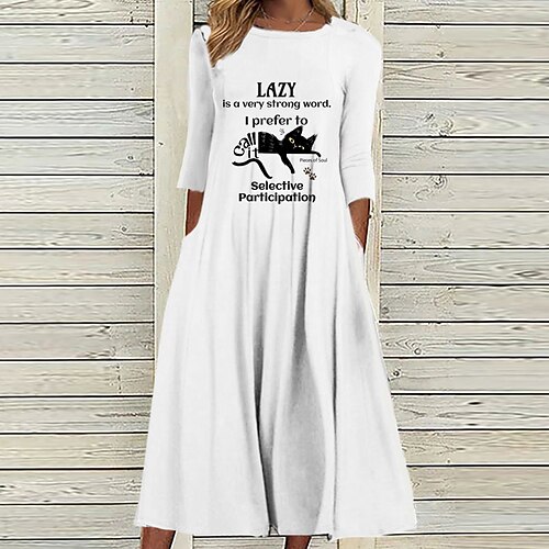 

Women's Casual Dress Shift Dress Midi Dress White 3/4 Length Sleeve Cat Letter Animal Ruched Print Fall Spring Round Neck Casual Vacation 2022 S M L XL XXL 3XL