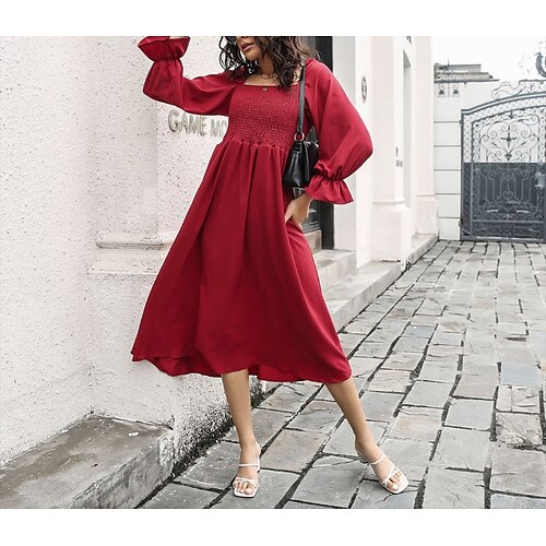 

Women's A Line Dress Swing Dress Midi Dress Wine Khaki Light Blue Long Sleeve Pure Color Pleated Fall Winter Square Neck Casual Fashion Modern 2022 S M L XL