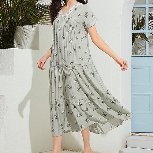 

Women's Shift Dress Floral Dress Midi Dress Green Blue Gray Short Sleeve Print Print Fall Spring V Neck Stylish Fashion Modern Loose 2022 S M L XL / Summer / Cotton / Casual Dress