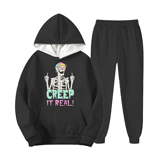 

2 Pieces Kids Boys Halloween Hoodie & Pants HoodieSet Clothing Set Outfit Skull Letter Long Sleeve Print Set Outdoor Sports Fashion Cool Winter Fall 3-12 Years Black