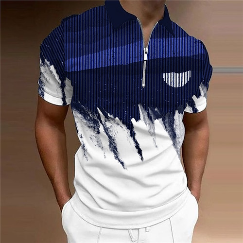

Men's Collar Polo Shirt Golf Shirt Gradient Turndown Blue 3D Print Outdoor Street Short Sleeves Zipper Print Clothing Apparel Fashion Designer Casual Breathable / Summer / Spring / Summer