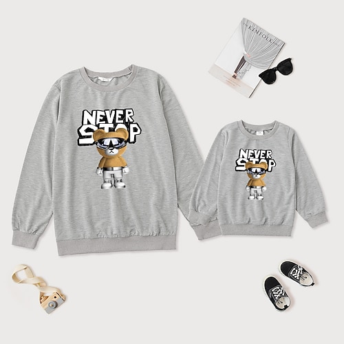 

Dad and Son Halloween Sweatshirt Bear Letter Daily Print Gray Long Sleeve Adorable Matching Outfits