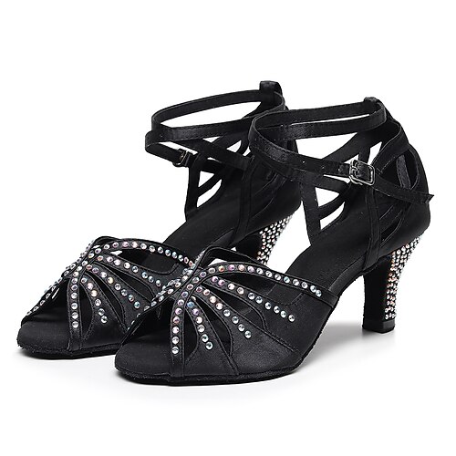 

Women's Latin Shoes Heels Salsa Shoes Party / Evening Stage Practise Glitter Crystal Sequined Jeweled High Heel Crystal / Rhinestone High Heel Pumps Open Toe Buckle Black / Satin / Satin / Silk
