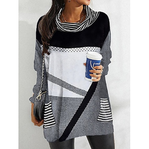 

Women's T shirt Tee Black Wine Blue Geometric Striped Pocket Print Long Sleeve Daily Weekend Daily Basic Cowl Neck Regular Fit Geometric Painting Fall Winter