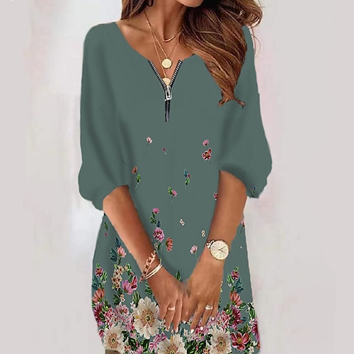 

Women's Casual Dress Shift Dress Knee Length Dress Green Blue Purple Dark Gray Red Long Sleeve Floral Zipper Print Fall Winter Crew Neck Casual Classic 2022 XS S M L XL 2XL 3XL 4XL 5XL 6XL
