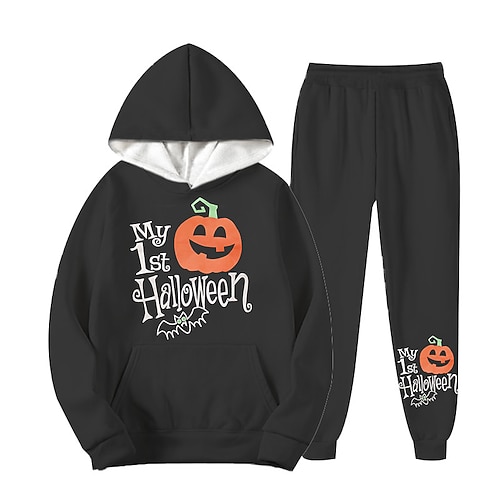 

Kids Boys Halloween Hoodie Pants HoodieSet Clothing Set 2 Pieces Long Sleeve Black Pumpkin Letter Print Street Sports Vacation Fashion Comfort Cool Daily 3-12 Years