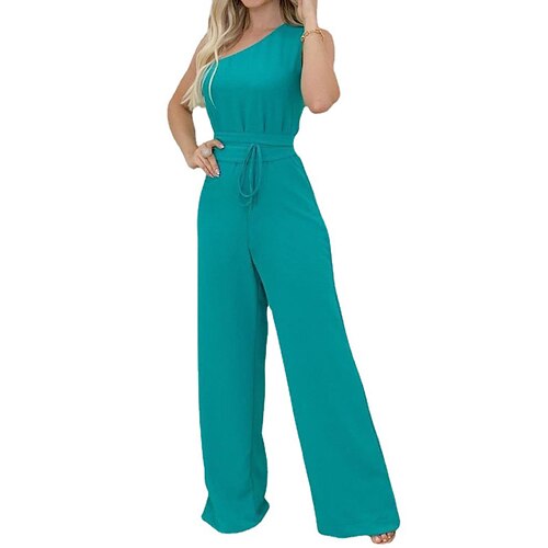 

Women's Jumpsuit Backless Solid Color One Shoulder Streetwear Party Holiday Regular Fit Sleeveless Green S M L Fall