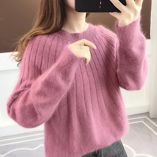 

Women's Pullover Sweater Jumper Ribbed Knit Knitted Pure Color Crew Neck Stylish Casual Home Daily Fall Winter Blue Fuchsia One-Size / Long Sleeve