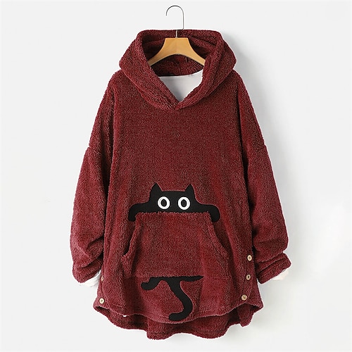 

Women's Plus Size Tops Hoodie Sweatshirt Cat Embroidered Pocket Long Sleeve Hooded Streetwear Daily Vacation Polyester Fall Winter Gray Pink