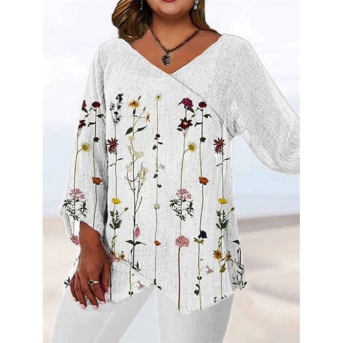 

Mujer Camisa Blusa Blanco Gris Floral Estampado Manga Larga Diario Noche Casual Escote en Pico Regular Talla Grande L