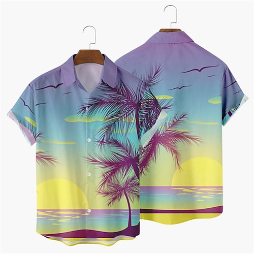 

Men's Shirt 3D Print Scenery Coconut Tree Turndown Street Casual Button-Down Print Short Sleeves Tops Designer Casual Fashion Breathable Blue Purple Yellow / Summer