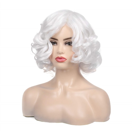 

Short Curly White Wig for Women Synthetic Natural Wavy Costume Wig for Cosplay Party