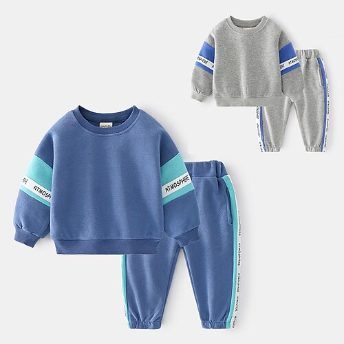 

2 Pieces Kids Boys Hoodie & Pants Clothing Set Outfit Letter Long Sleeve Cotton Set Street Cool Casual Winter Fall 2-6 Years Blue Gray