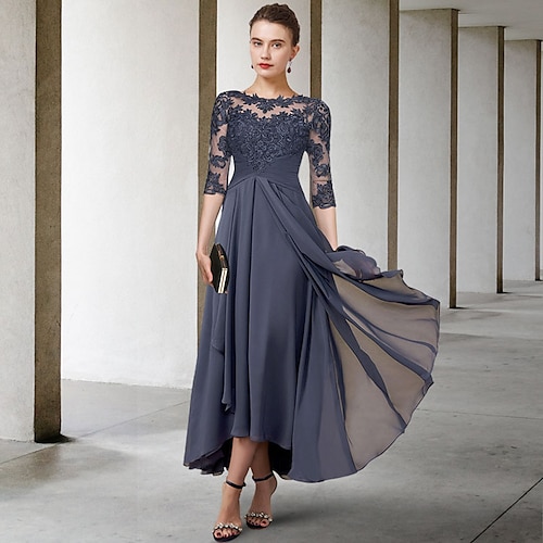 

A-Line Mother of the Bride Dress Plus Size Elegant Jewel Neck Asymmetrical Tea Length Chiffon Lace Half Sleeve with Ruched Appliques 2022