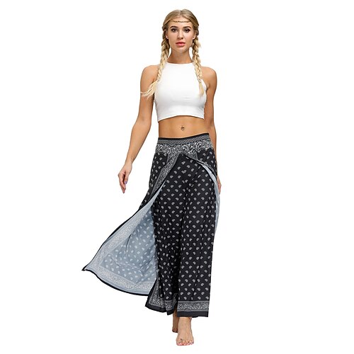 

Women's Culottes Wide Leg Chinos Pants Trousers YEA039 YEA040 Mid Waist Boho Weekend Yoga Split Print Micro-elastic Full Length Comfort Paisley LXL SM / Loose Fit