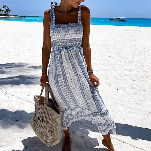 

Women's Boho Dress Blue Sleeveless Striped Ruffle Spring Summer Spaghetti Strap Fashion Slim 2022 S M L XL