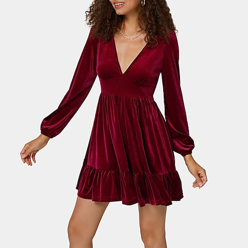 

robe d'invité de mariage des femmes velours robe une ligne robe mini robe noir rose rouge à manches longues couleur pure froncé hiver automne v cou élégant hiver robe week-end mince 2023 s m l xl