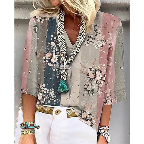 

Damen Hemd Bluse Regenbogen Blume Patchwork Bedruckt 3/4 Ärmel Casual Täglich Boho Brautkleider schlicht V Ausschnitt Standard Lockere Passform Boho S