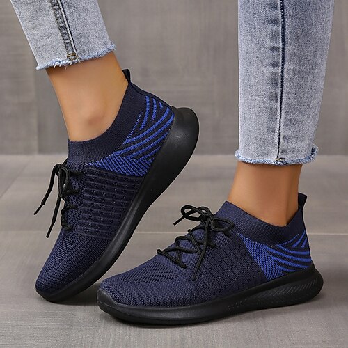 

Women's Flats Flyknit Shoes Flat Heel Round Toe Tissage Volant Lace-up Dark Grey Green Dark Blue