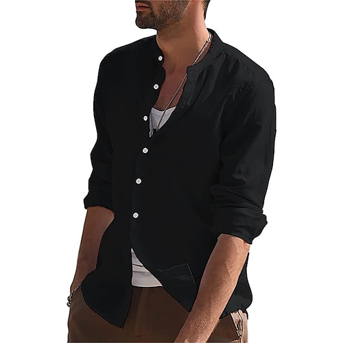 

Men's Linen Shirt Solid Color Button Down Collar Khaki Light Blue White Black Street Daily Long Sleeve Button-Down Clothing Apparel Casual Comfortable / Beach