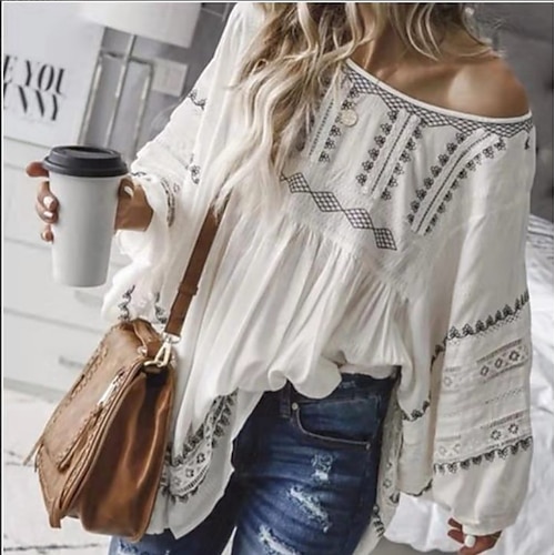 

Women's Blouse Geometric Daily Weekend Blouse Shirt Long Sleeve Print Round Neck Casual Streetwear White S