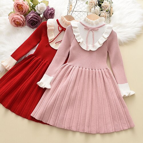 

Kids Toddler Little Girls' Dress Plain Sweater Jumper Dress Daily Ruched Ruffle Patchwork Pink Red Above Knee Long Sleeve Cute Sweet Dresses Fall Winter Slim 1pcs 3-10 Years