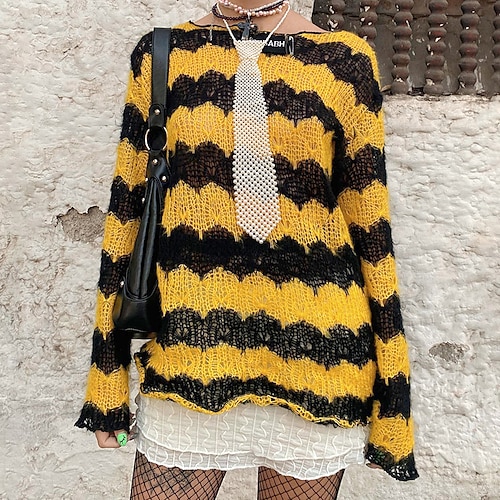 

Women's Pullover Sweater jumper Jumper Chunky Knit Patchwork Hollow Out Color Block Crew Neck Stylish Casual Outdoor Daily Winter Fall Yellow S M L / Long Sleeve / Holiday / Going out / Loose Fit