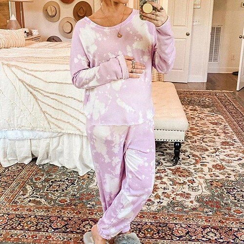 

Women's Loungewear Sets 2 Pieces Tie Dye Comfort Home Vacation Polyester Crew Neck Long Sleeve Pant Winter Fall Purple