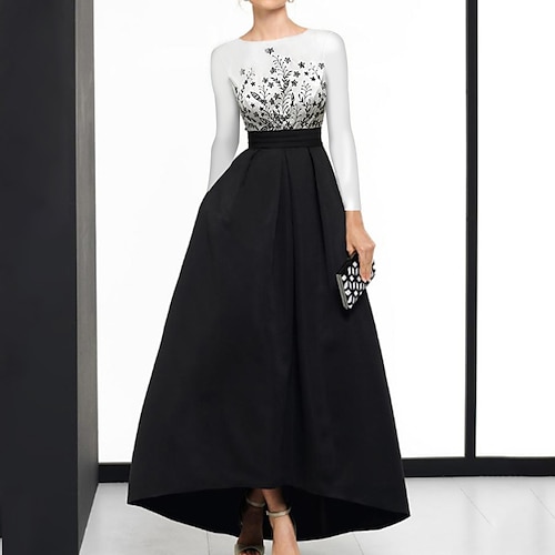 

A-Line Cocktail Dresses Elegant Dress Wedding Guest Asymmetrical Long Sleeve Jewel Neck Satin with Pattern / Print Splicing 2022 / High Low