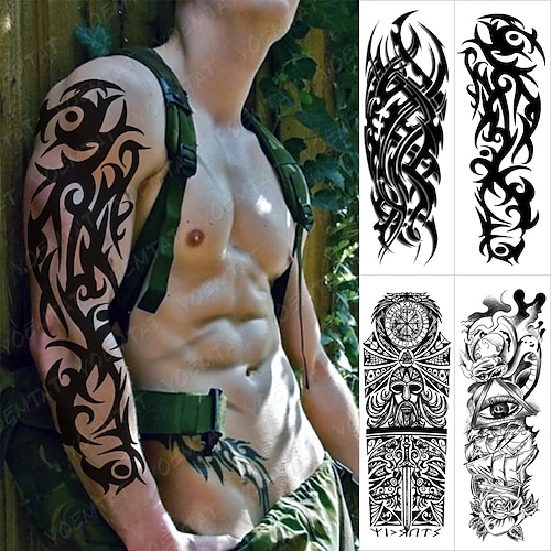 

4 pcs Large Arm Sleeve Tattoo Black Maori Totem Waterproof Temporary Tatto Sticker Tribal Flame Body Art Full Fake Tatoo Women Men