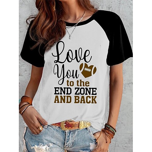 

Women's T shirt Tee Football Is My Favorite Season Heart Casual Weekend Painting T shirt Tee Short Sleeve Print V Neck Basic Black Brown S