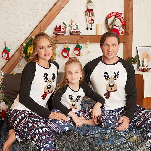 

Christmas Pajamas Ugly Family Set Plaid Deer Patchwork Black Crewneck Long Sleeve Mom Dad and Me Mom Dad and Me Outfit Adorable Matching Outfits