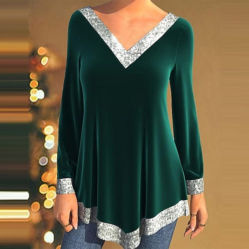 

Women's Blouse Sparkly Casual Weekend Blouse Long Sleeve Flowing tunic V Neck Basic Green S