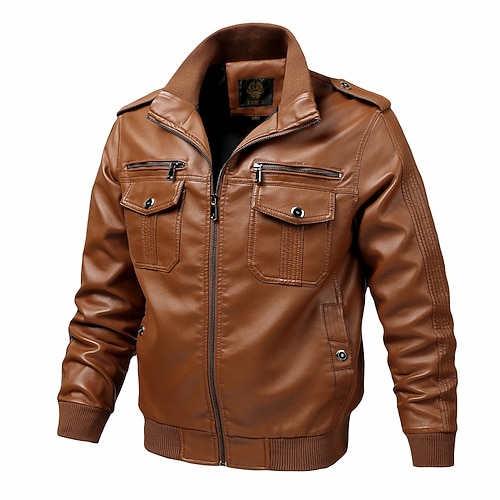 

Men's Faux Leather Jacket Biker Jacket Motorcycle Jacket Thermal Warm Rain Waterproof Warm Daily Motorcycle Zipper Lapel Simple Chic & Modern Jacket Outerwear Solid Color Full Zip Black light coffee