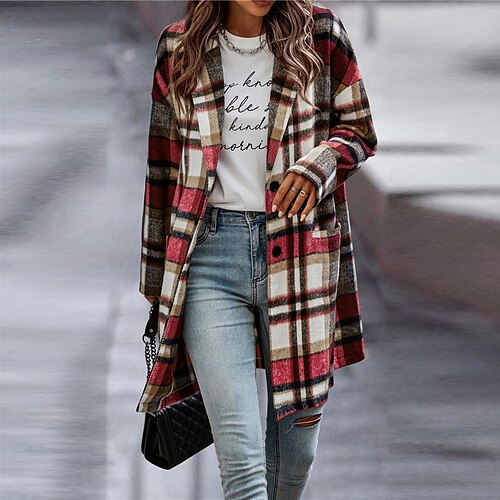 

Mujer Abrigo de invierno Mantiene abrigado Transpirable Exterior Ropa Cotidiana Vacaciones Noche Bolsillo Estampado Cremallera Cuello Vuelto Moderno Estilo callejero Chaquetón Plaid Ajuste regular