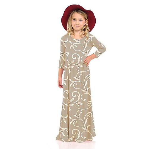 

Kids Little Girls' Dress Floral Shift Dress Daily Holiday Vacation Print Khaki Maxi 3/4 Length Sleeve Casual Cute Sweet Dresses Fall Winter Regular Fit 2-8 Years