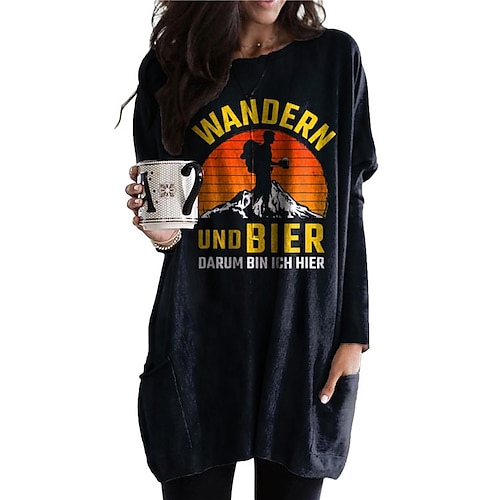 

Women's Shift Dress Short Mini Dress Black Long Sleeve Print Letter Pocket Print Fall Winter Crew Neck Casual Vacation 2022 S M L XL XXL 3XL