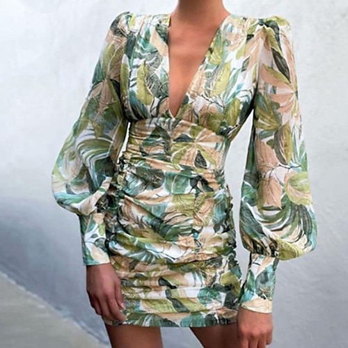 

Women's Bodycon Short Mini Dress Green Purple Orange Red Long Sleeve Floral Ruched Print Fall Winter V Neck Stylish Modern 2022 S M L XL XXL 3XL