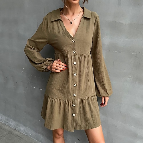 

Women's Shirt Dress A Line Dress Short Mini Dress Green Long Sleeve Pure Color Ruffle Button Fall Winter Shirt Collar Modern Mature 2022 S M L XL / Cotton