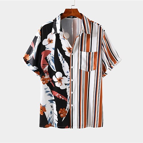 

Men's Shirt 3D Print Floral Striped Turndown Street Casual Button-Down Print Short Sleeves Tops Designer Casual Fashion Breathable Orange / Summer