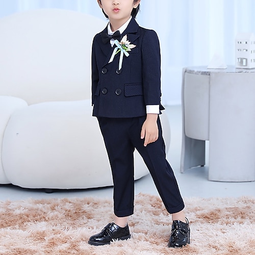 

4 Pieces Kids Boys Suit Blazer PantsSet Clothing Set Outfit Stripe Long Sleeve Cotton Set School Gentle Preppy Style Winter Fall 3-10 Years Black