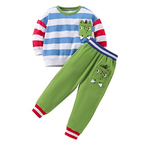 

2 Pieces Kids Boys Hoodie & Pants Clothing Set Outfit Stripe Long Sleeve Cotton Set Vacation Fashion Casual Winter Fall 2-8 Years Green